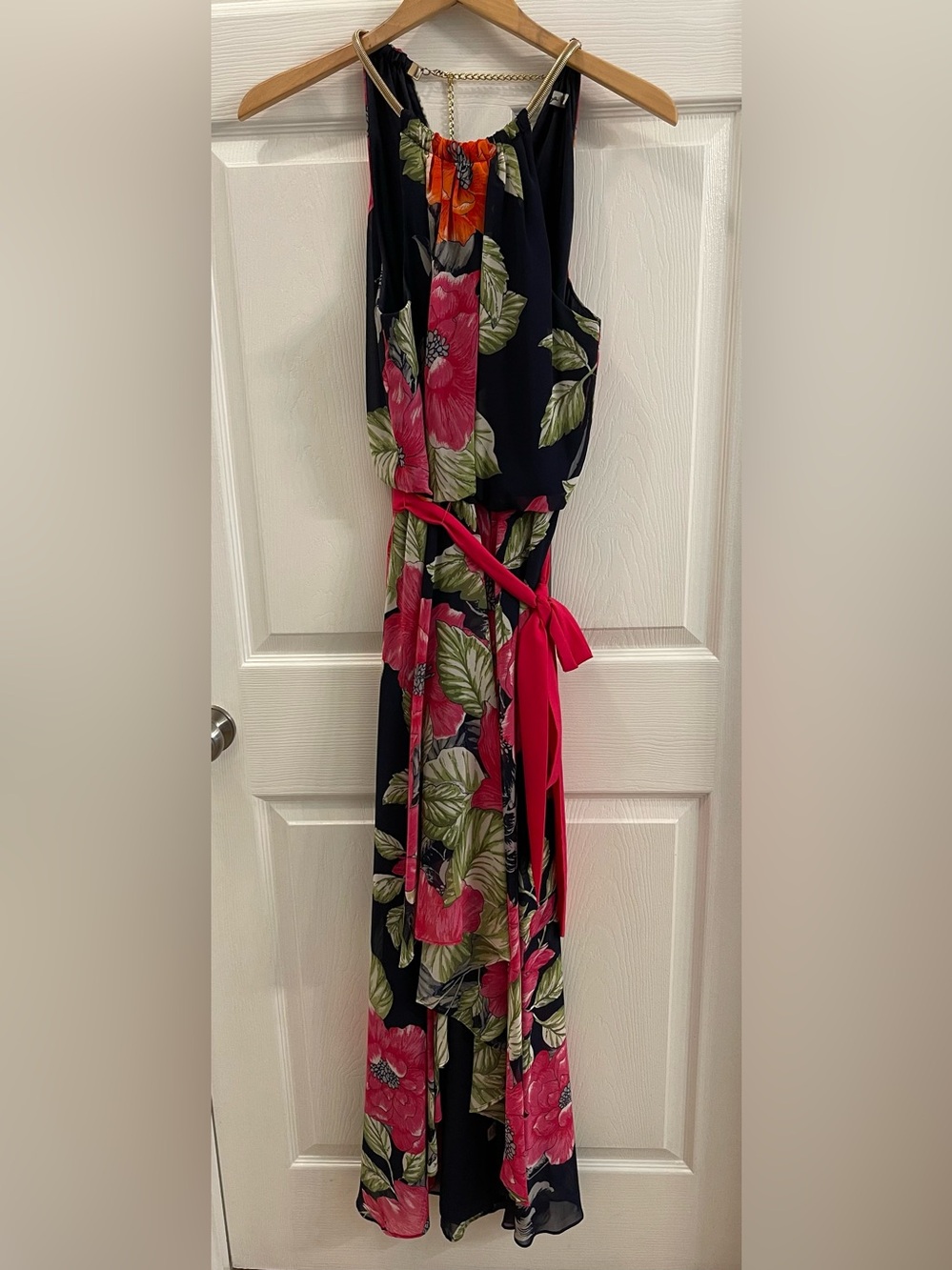 Eliza J Navy Floral Maxi Dress with Pink & Green Leaves Size 6